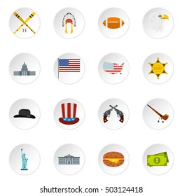 USA icons set. Flat illustration of 16 USA vector icons for web