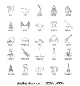 USA icons set. Outline illustration of 25 USA vector icons for web and advertising