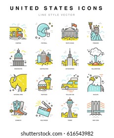USA icons. Travel to United States symbols in line style vector.