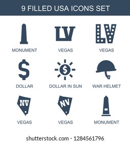 usa icons. Trendy 9 usa icons. Contain icons such as monument, Vegas, dollar, dollar in sun, war helmet. usa icon for web and mobile.