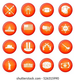 USA icons vector set of red circles isolated on white background