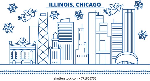 USA, Illinois , Chicago winter city skyline. Merry Christmas and Happy New Year decorated banner. Winter greeting card with snow and Santa Claus. Flat, line vector. Linear christmas illustration