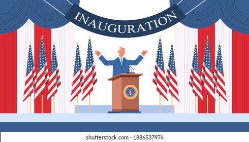 USA inauguration day concept democrat winner of United States presidential election man with raised hands standing at tribune with american flags horizontal full length vector illustration