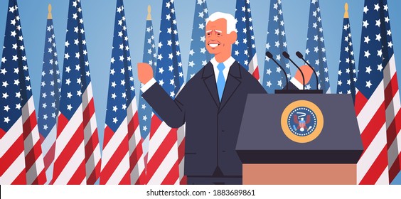 USA inauguration day concept male president democrat winner of United States presidential election man with raised hands standing at tribune with american flags horizontal portrait vector illustration