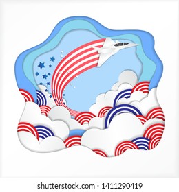 USA indepence day illustrate. America celebration. Jet plane fly over the sky with red and blue clouds. Papercut style.