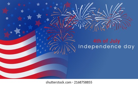 USA independece day banner background, with USA flag in flat design, fireworks and star pattern