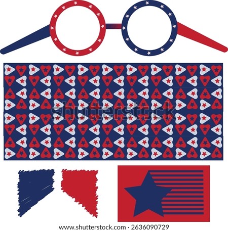 USA Independen Daya Glasses and SeamlessPattern, red white blue design set