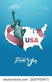 USA independence day 4 July flag ribbon on map vector poster
