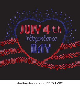 USA Independence Day. 4th of July. Cross-stitch. Ukrainian style. Black  background