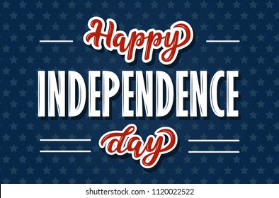 USA Independence day.  4th of July celebration poster template.   Hand sketched lettering isolated on blue star pattern background. Vector illustration