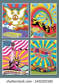 USA Independence Day 4th of July Posters Set Psychedelic Art Hippie Style