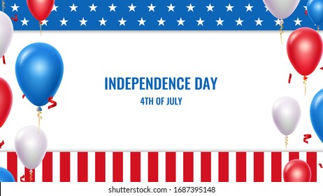 USA Independence day. 4th July, patriotic american banner. Starry flag of America, balloons festive vector background