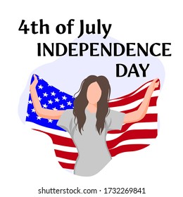 USA Independence Day. 4th of July. A woman holds the flag of America in her hands. The concept of patreotism, greatness of the country, unification, celebration. Suitable for invitation, banner.