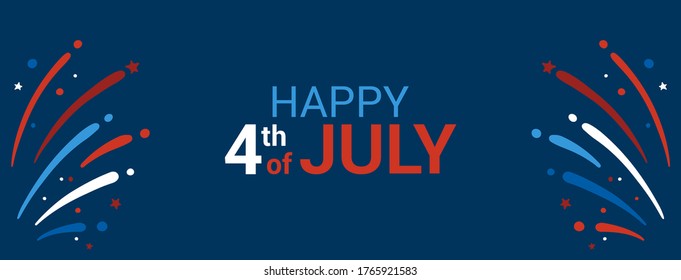 USA Independence Day. 4th of July. Festive vector banner with hand drawn fireworks and stars in red, blue, white. Greeting poster, celebration vector illustration