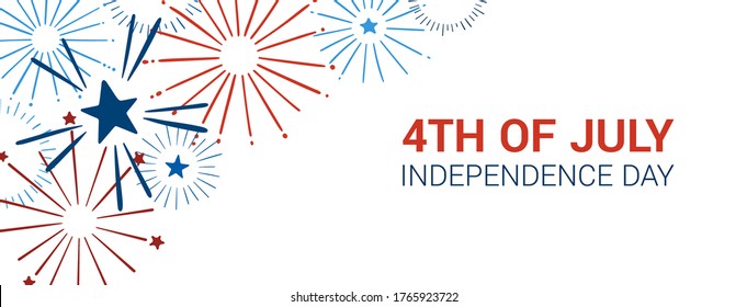 USA Independence Day. 4th of July. Festive vector banner with hand drawn fireworks and stars in red, blue, white. Greeting poster, celebration vector illustration