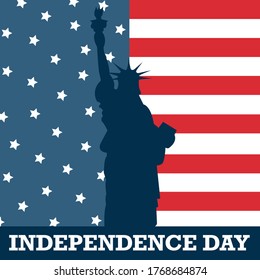 USA Independence Day 4th of July. Flyer, banner, poster, greeting card. Template with flag and statue of liberty on blue background. Vetcorn illustration