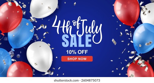 USA Independence Day 4th of July banner or poster design template with realistic 3d air balloons. Vector holiday sale or party invitation decoration background with copy space