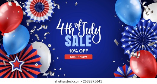 USA Independence Day 4th of July banner or poster design template with realistic 3d air balloons and paper stars. Vector holiday sale or party invitation decoration background with copy space