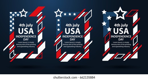 USA independence day. 4th of July set of frames for text. Modern art graphics. Dynamic vertical frames, stylish background. Element for advertising design, invitations, gift cards. Vector illustration