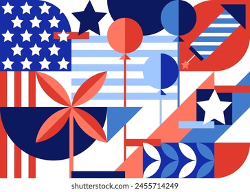 USA Independence Day abstract color block geometric background. Holiday 4th of July pattern with American flag and symbols. Vector print, banner, poster, greeting card design