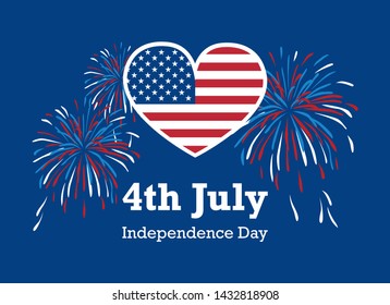 USA Independence Day American flag heart vector. Fourth of July Festive vector illustration. America Independence Day. American flag heart with fireworks. United States Independence Day Poster