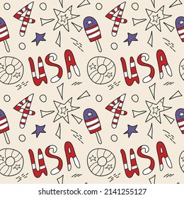 USA Independence Day. American stars, scenery for 4th of July. Hand-drawn Seamless vector pattern. Design for wrapping paper, fabric, postcards