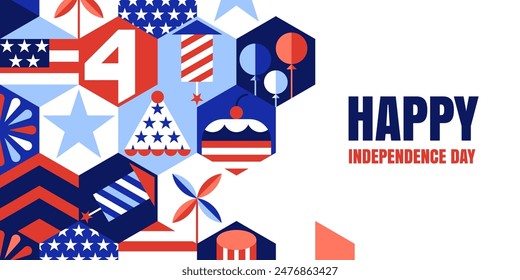 Fondo del Día de la Independencia de Estados Unidos. 4 de julio hexágono diseño de bloques de color con la bandera americana, símbolos. Ilustración plana de Vector para Anuncio de vacaciones, póster, tarjeta de felicitación