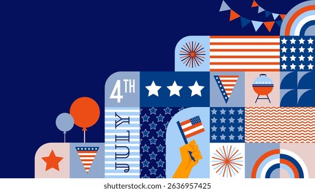 USA Independence Day background. 4th of July design with American flag, icons and symbols. Colorful Abstract Geometric Background. Modern colorful concept design. holiday banner, poster, greeting card