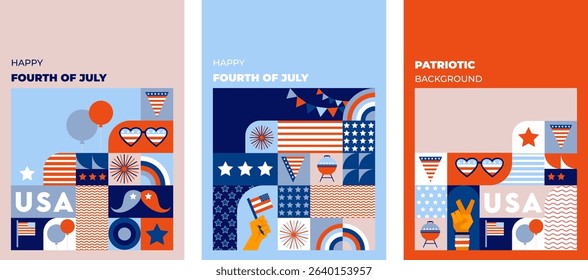 USA Independence Day background. 4th of July design with American flag, icons and symbols. Colorful Abstract Geometric Background. 