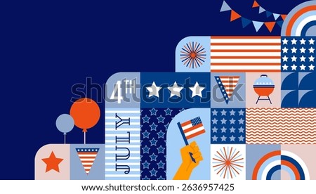 USA Independence Day background. 4th of July design with American flag, icons and symbols. Colorful Abstract Geometric Background. Modern colorful concept design. holiday banner, poster, greeting card