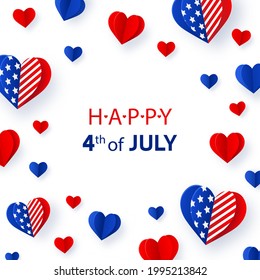 USA Independence Day background with American flags in heart shape and quote. Happy Fourth of July. Template for greeting card, banner, invitation, poster, flyer. Vector illustration