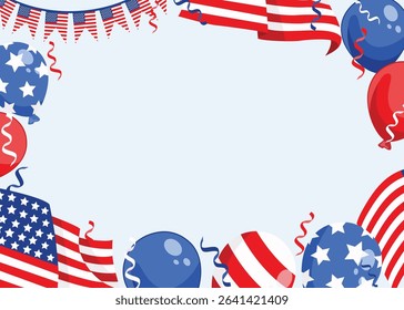 USA Independence Day background with American flag, balloons, confetti and festive decorations, perfect for 4th July celebration and patriotic holiday projects