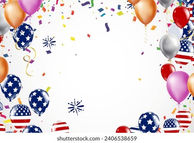 USA Independence Day Background with Balloons and Confetti. Vector Illustration.