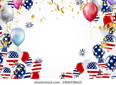 USA Independence Day Background with Balloons and Confetti. Vector Illustration.