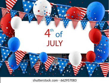 USA Independence Day background with flags and balloons. Vector illustration.