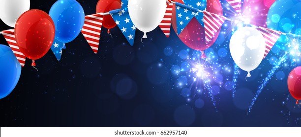 USA Independence Day background with flags, balloons and fireworks. Vector illustration.