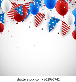 USA Independence Day background with flags, stars, balloons. Vector illustration.