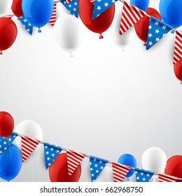 USA Independence Day background with flags and balloons. Vector paper illustration.