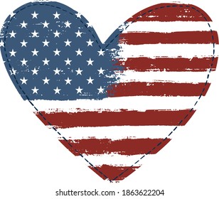 USA Independence day background. Happy 4th of July. Vector abstract grunge flag in heart shape. Template for banner, greeting card, invitation, poster, flyer, etc.