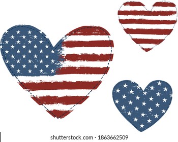 USA Independence day background. Happy 4th of July. Vector abstract grunge flag in heart shape. Template for banner, greeting card, invitation, poster, flyer, etc.