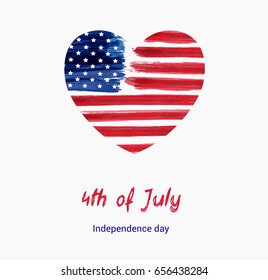 USA Independence day background. Happy 4th of July. Vector abstract grunge flag in heart shape with text. Template for banner, greeting card, invitation, poster, flyer, etc. 