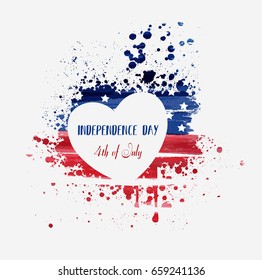 USA Independence day background. Happy 4th of July. Vector abstract grunge flag in heart shape with text. Template for banner, greeting card, invitation, poster, flyer, etc.