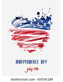 USA Independence day background. Happy 4th of July. Vector abstract grunge flag in heart shape with text. Template for banner, greeting card, invitation, poster, flyer, etc.