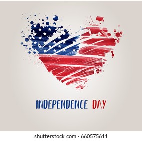 USA Independence day background. Happy 4th of July. Vector abstract grunge flag in heart shape with text. Template for banner, greeting card, invitation, poster, flyer, etc.