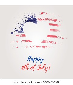 USA Independence day background. Happy 4th of July. Vector abstract grunge flag in heart shape with text. Template for banner, greeting card, invitation, poster, flyer, etc.