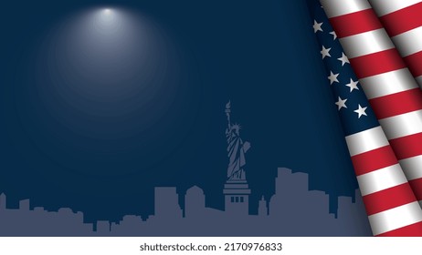 USA Independence Day Background with Liberty Statue Silhouette, USA Flag and Copy Space Area. Suitable to place on content with that theme or other about USA