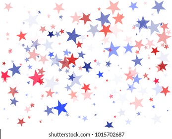 USA  Independence Day background with stars.  Holiday confetti in US flag colors for President Day. Red blue stars American patriotic background. 4th of July stardust on white.