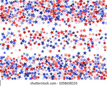 USA  Independence Day background with stars.  Holiday confetti in US flag colors for President Day. Red blue stars flying American patriotic graphics. July 4 festive stardust.