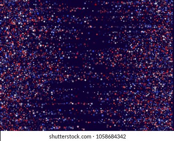 USA  Independence Day background with stars.  Holiday confetti in USA flag colors for Independence Day. Red blue stars American patriotic pattern. July 4 festive stardust on dark blue.