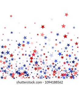 USA  Independence Day background with stars.  Holiday confetti in US flag colors for President Day. Red blue stars American patriotic pattern. July 4th stardust confetti.